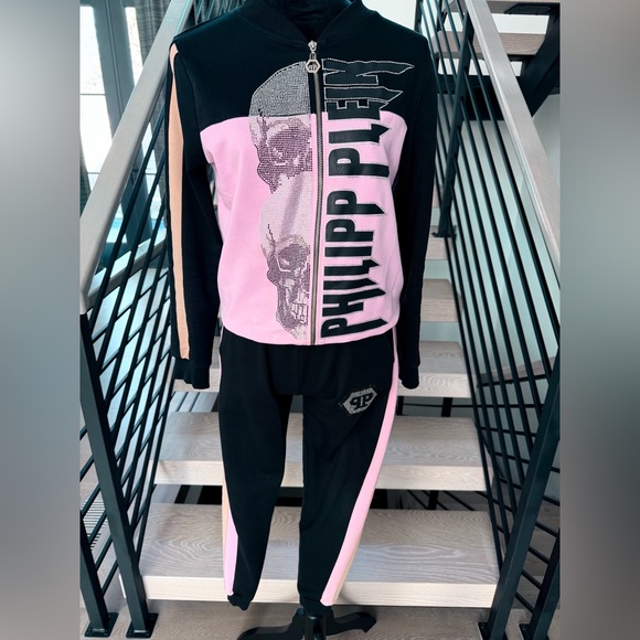 Philipp Plein Pants - Philipp Plein Pink and Black Skull Tracksuit size S